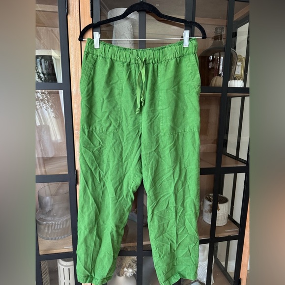 Zara linen pants straight leg high rise pockets drawstring lime green 4043/042 - Picture 4 of 11